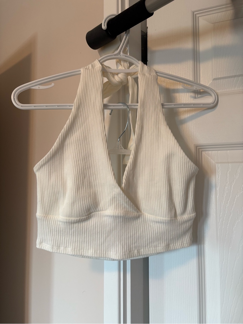 SHEIN Cream Ribbed Halter Crop Top